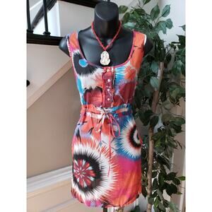 Ultra Flint Mini Dress Womens S Multi Geometric Cinch Waist Smocked Button Front